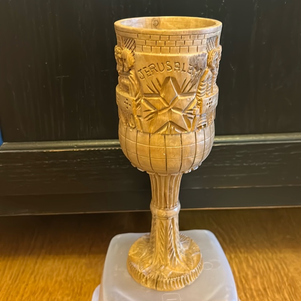 Vintage Hand Carved Olive Wood Chalice Cup w/ Jerusalem Last Supper & Jesus